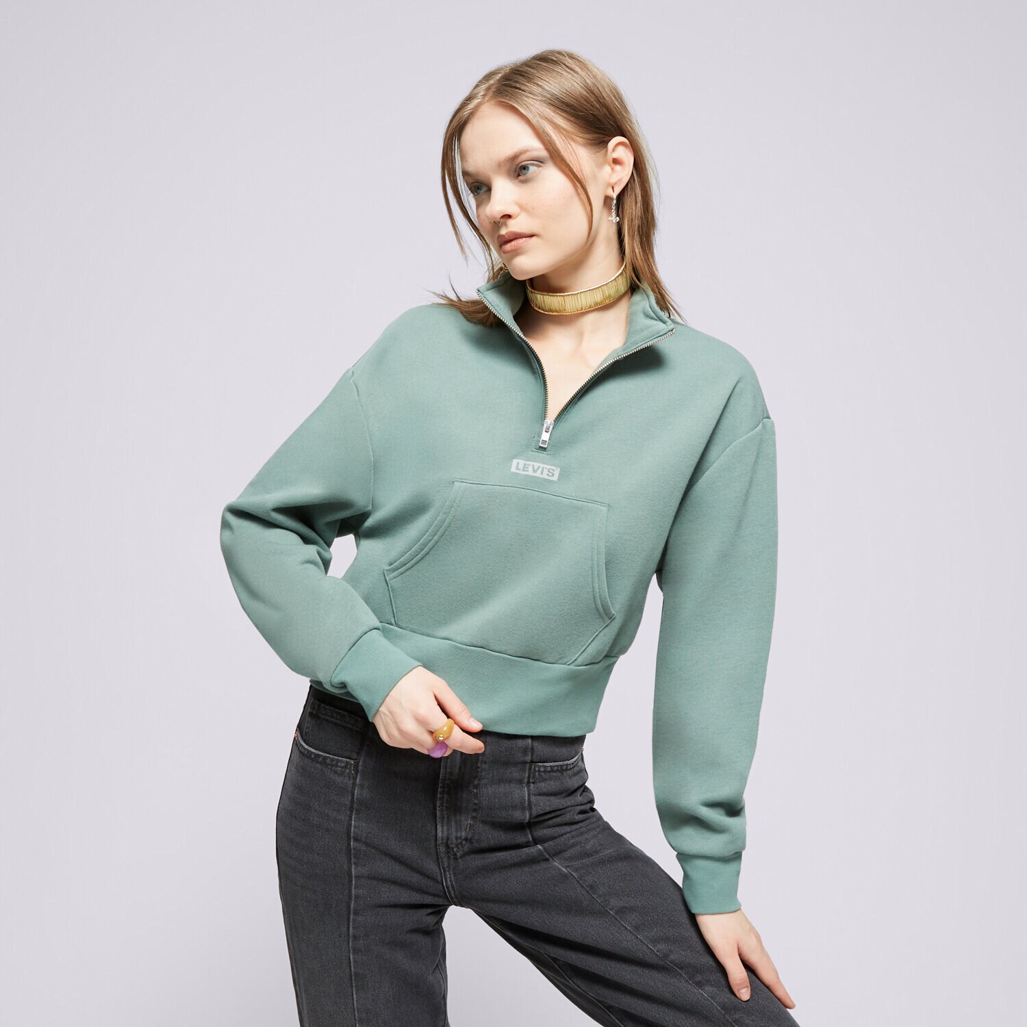 Ženske dukserice LEVI'S VESTA GRAPHIC SARA 1/4 ZIP GREENS A7298-0002 kaki